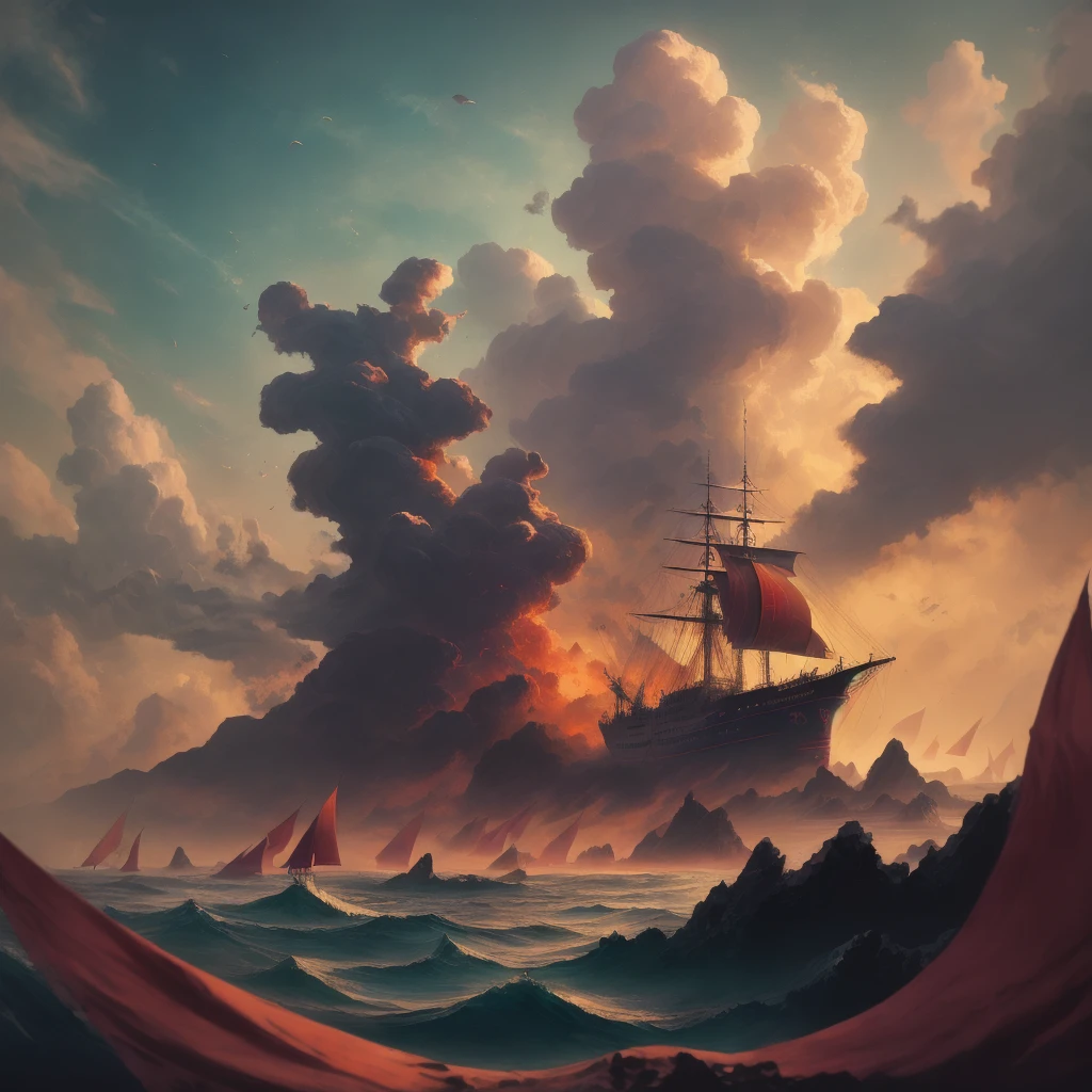Medium shot, photography in the style of detailed hyperrealism, Girl, topknot hair, tropical beach, flower, sunlight, sea, (ship with red sails in sea) clouds, dense light, hard shadows, brigth reflected reflex light style painting, film grain, hdr, light caustic effect, Vibrant, Surrealistic.