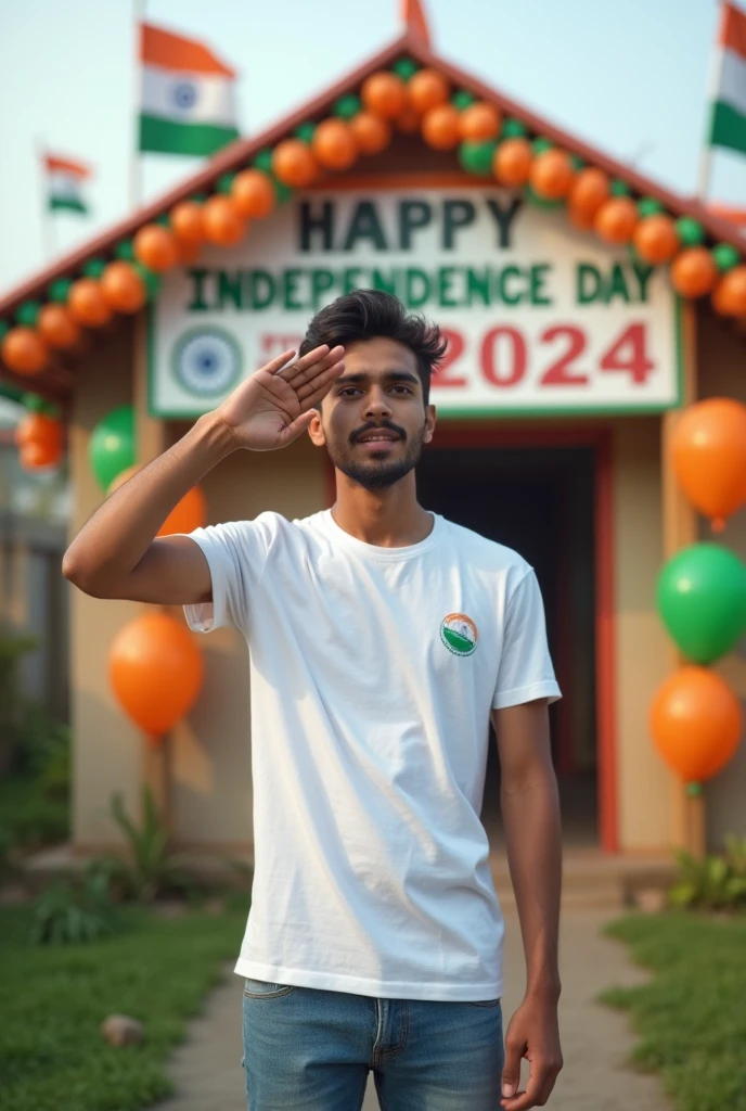 A real 20 year old boy , wearing a white abhay T-shirt stands in front of a house decorated with Indian flags and tricolor balloons, saluting for an upcoming Independence Day celebration. The house has a large banner that reads "HAPPY INDEPENDENCE DAY 2024 and make sure text should be correct.