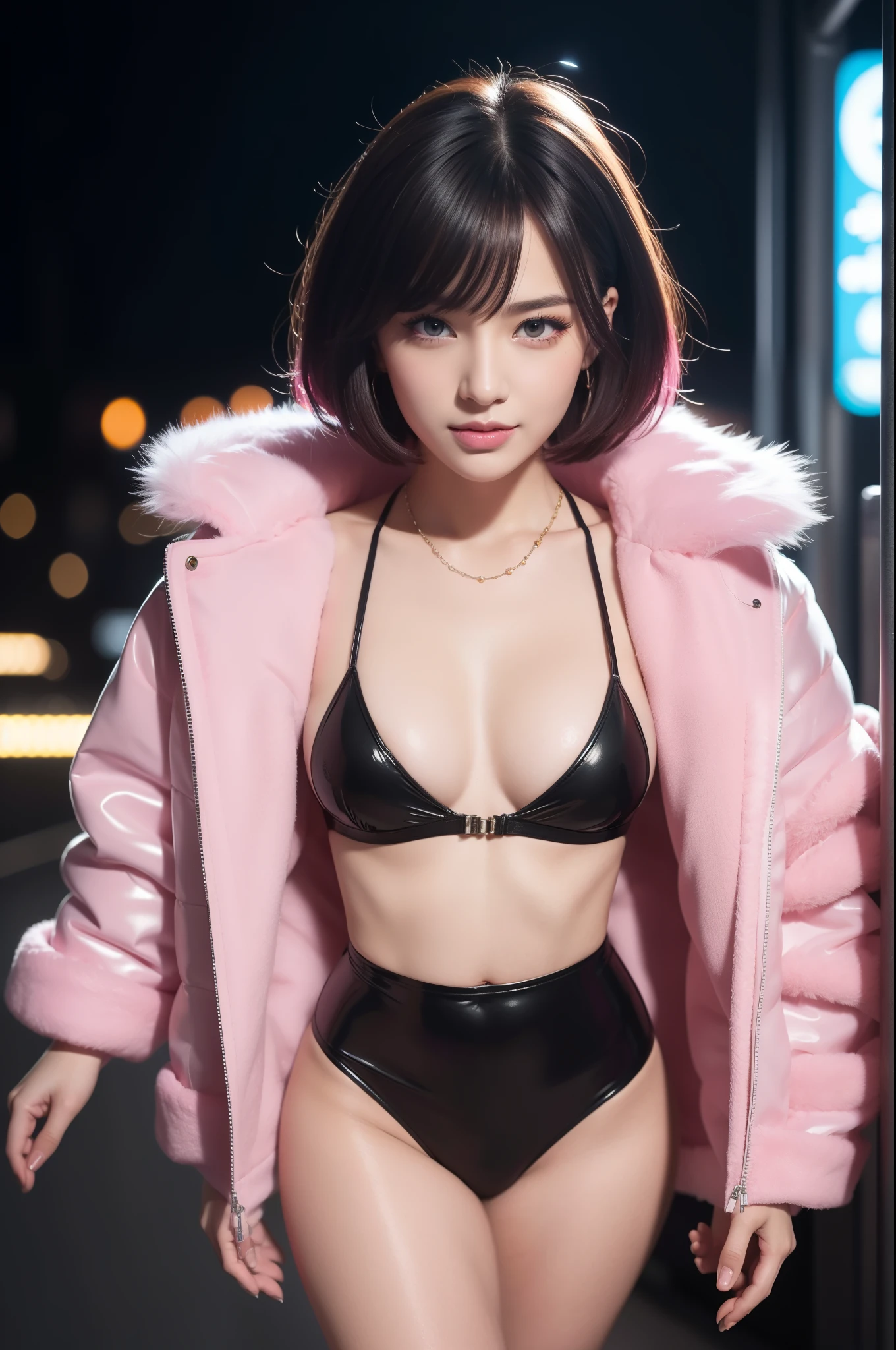 nsfw、sexy female idol、nude lip gloss、smiling face、smoky eyshadow、dramatic lashes、full body Esbian、shiny very large necklace(neon fuchsia)、naked small breasts、shiny glossy latex tight mini skirt(neon fuchsia)、multicolor short hair(neon fuchsia)、long white fluffy fur coat with white fluffy fur(bright white)、conceptual art, High quality, Realistic, extremely detailed CG unified 8k wallpaper, highly detailed, High-definition raw color photos, professional photography, Realistic portrait, Cinematic Light, Beautiful detailed, Super Detail, high details, (((Bokeh))), depth of fields, illumination, Neon Street, Super stylish lighting
