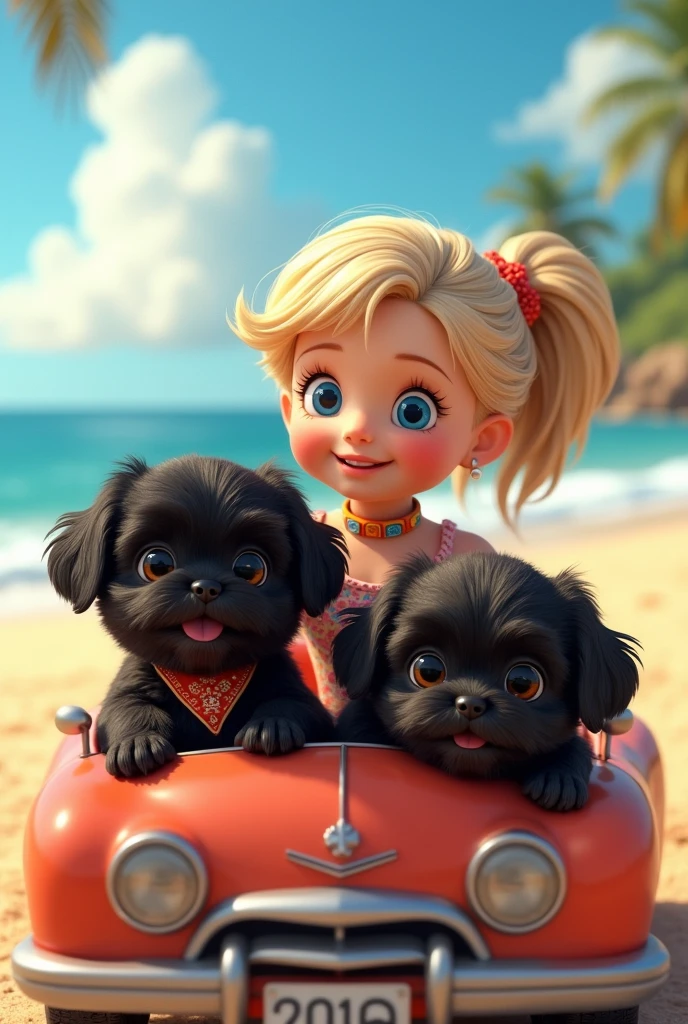 cute adorable 2 black shih tzu puppies, cute blonde girl, extremely detailed, big blue eyes, wearing colorful collar and bandana, driving beach car, 3D Pixar style, at beach, photorealistic, (best quality,8k,highres,masterpiece:1.2),ultra-detailed,(realistic:1.37),HDR,vivid colors,studio lighting