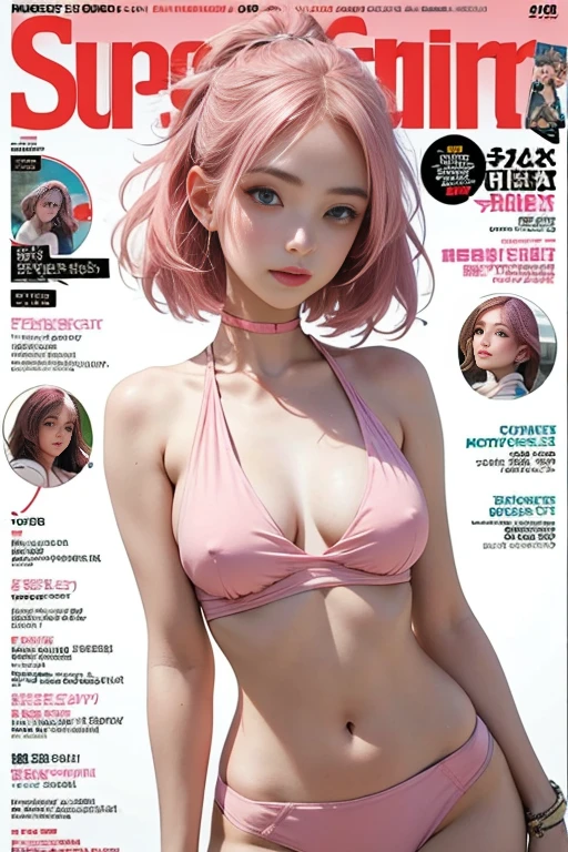Best quality, Works of masters, A high resolution, 1girl, Super beautiful face, super beautiful eye, Super beautiful pink hair,(MagazineCover:1.2),Trendy outfits,Expose shoulders,(Beautiful nipples),(A beautiful girl),(A beautiful girl with a slim figure),