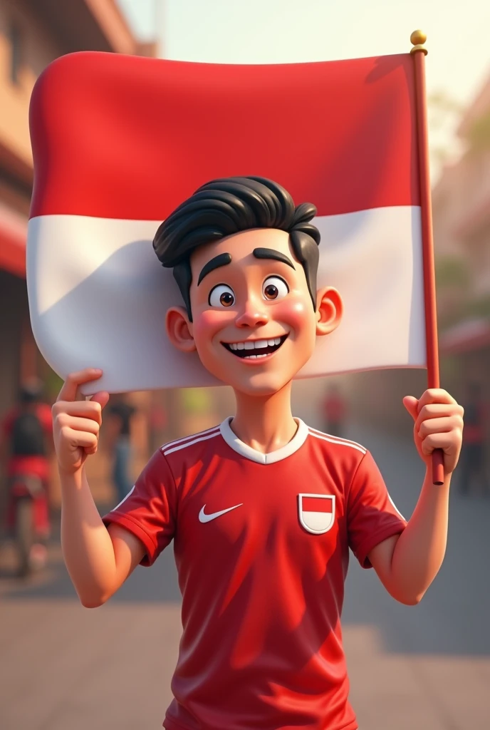 3D cartoon image , Cheerful style carrying the red and white flag of a handsome adult Indonesian man aged 30 years old, tall and fat, wearing a long-sleeved sports shirt with a red and white pattern, Happy Republic of Indonesia, casual , , high resolution 4K; realistic, original photo