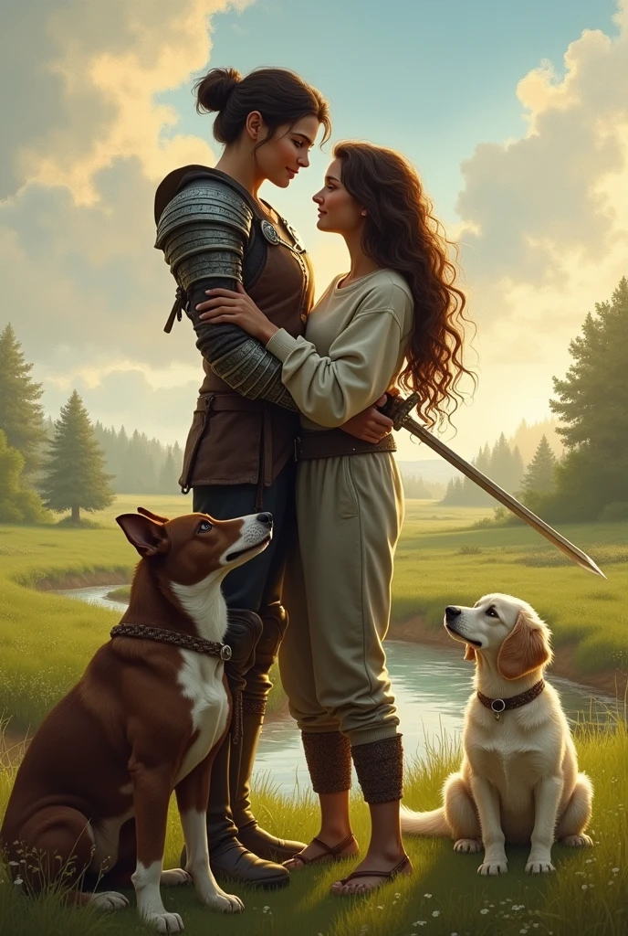 Create a romantic scene, with a brunette warrior with black hair in a bun saving a princess in a sweatshirt with long curly hair, next to your dogs, one is big brown with a white stripe on its face and the other is small, white and furry