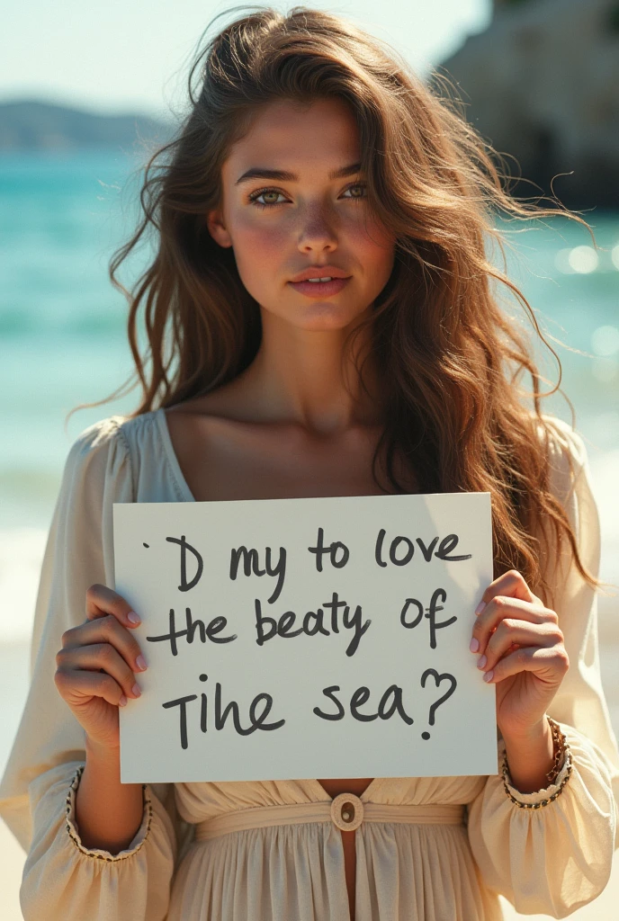 Beautiful girl with wavy long hair, bohemian dress, holding a white board with text "I Love Seaart Infinity" and showing it to the viewer