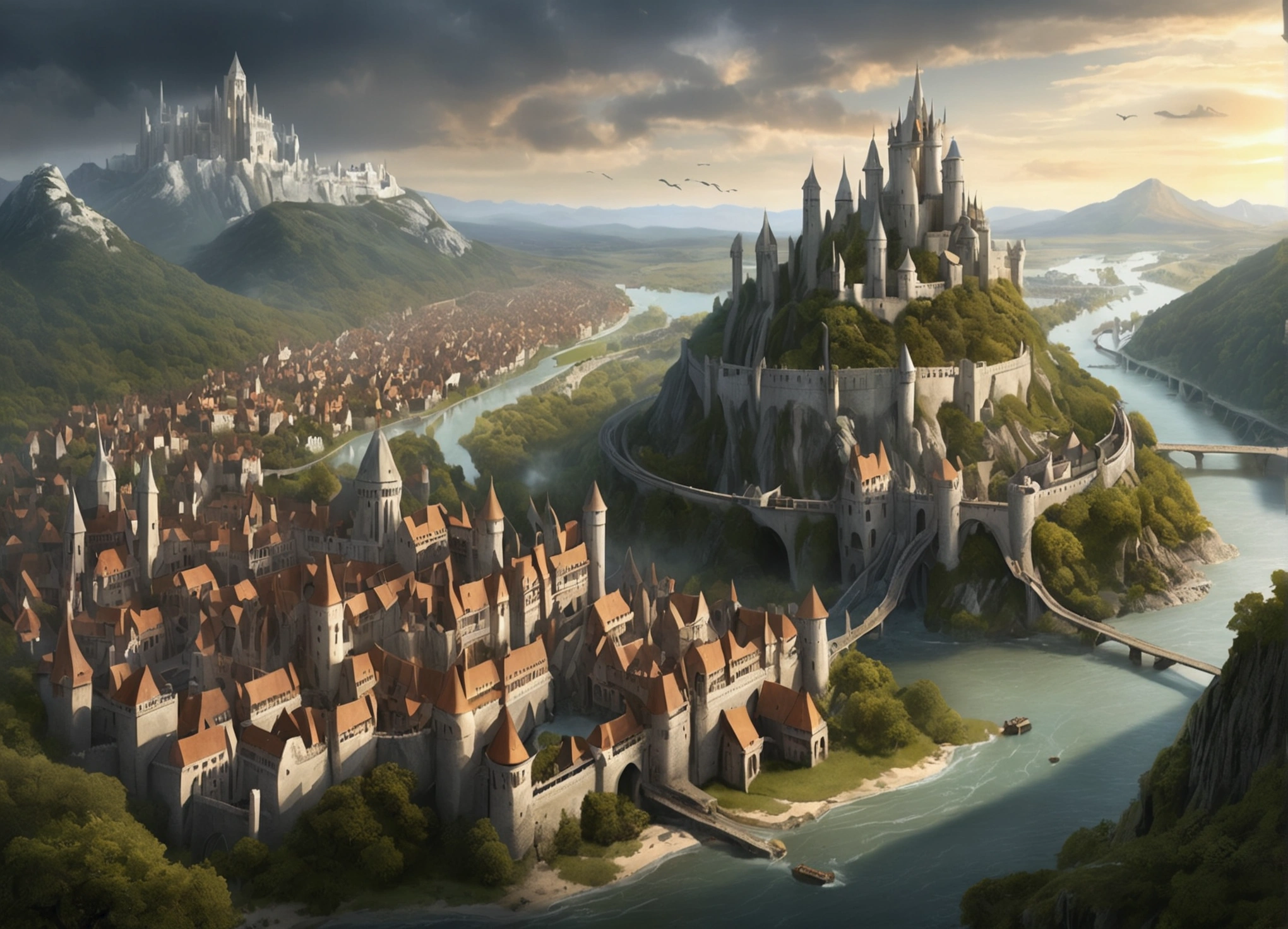 illustration of cities with castles in the background, fantasy medieval cities, fantasy scenes of cities destroyed by dragon attacks, grand fantasy of Rivendell, surreal mechanical villages, dark fantasy paintings, medieval villages, battlefield environments.