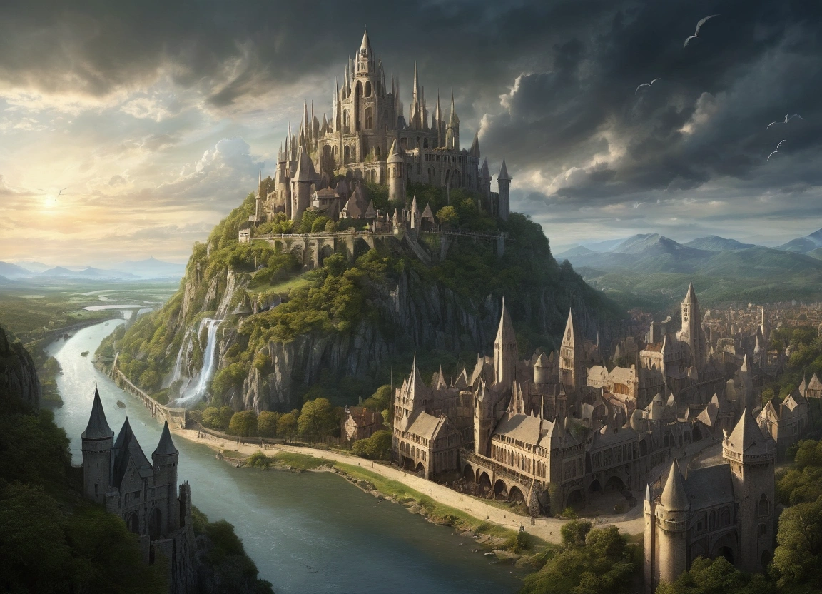 illustration of cities with castles in the background, fantasy medieval cities, fantasy scenes of cities destroyed by dragon attacks, grand fantasy of Rivendell, surreal mechanical villages, dark fantasy paintings, medieval villages, battlefield environments.