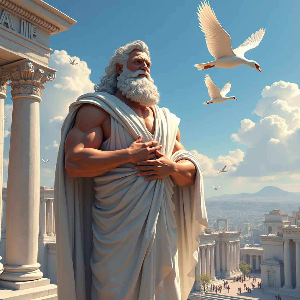 the god zeus, with a smile, and with a Greek-style city in the background. flying animals.