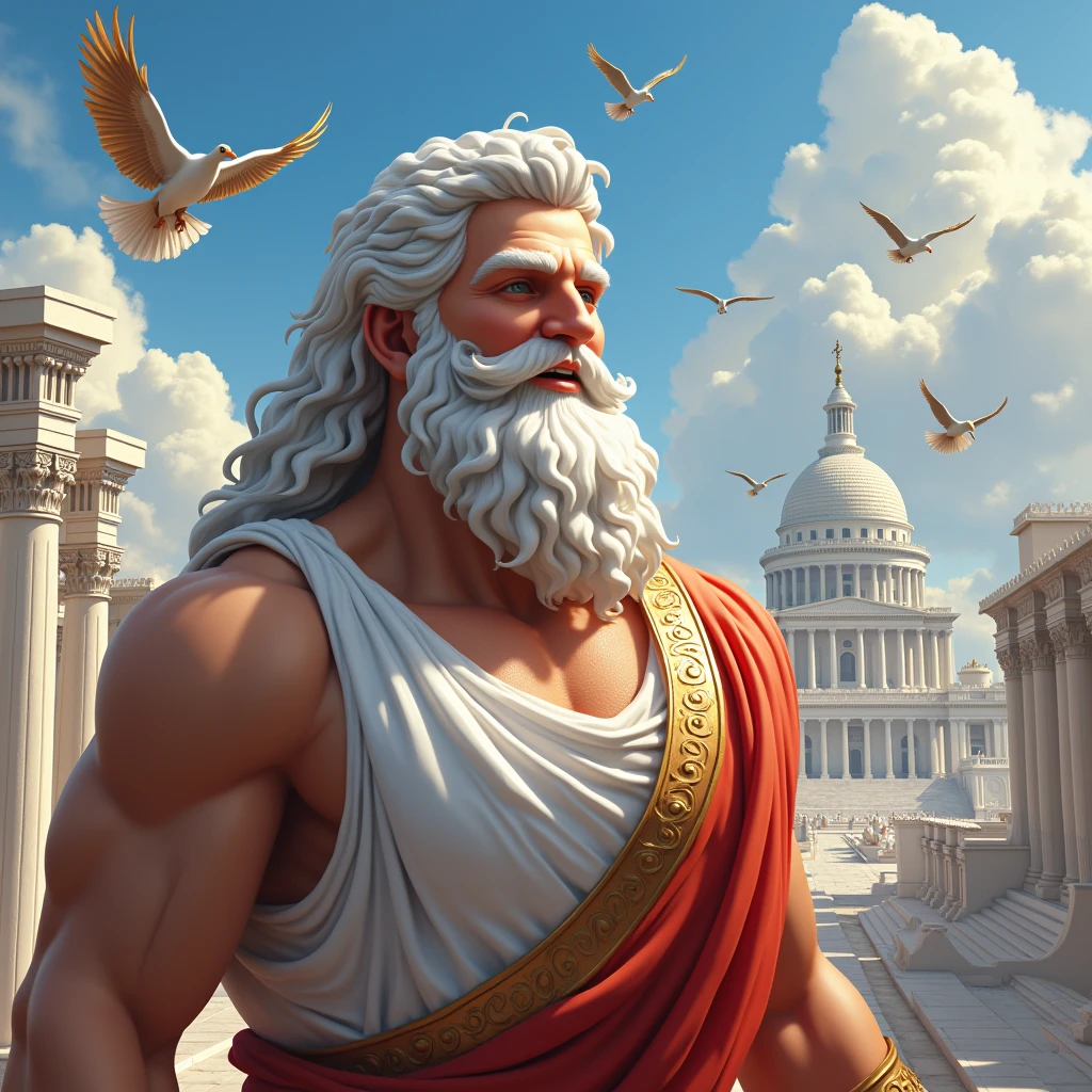 the god zeus, with a smile, and with a Greek-style city in the background. flying animals.