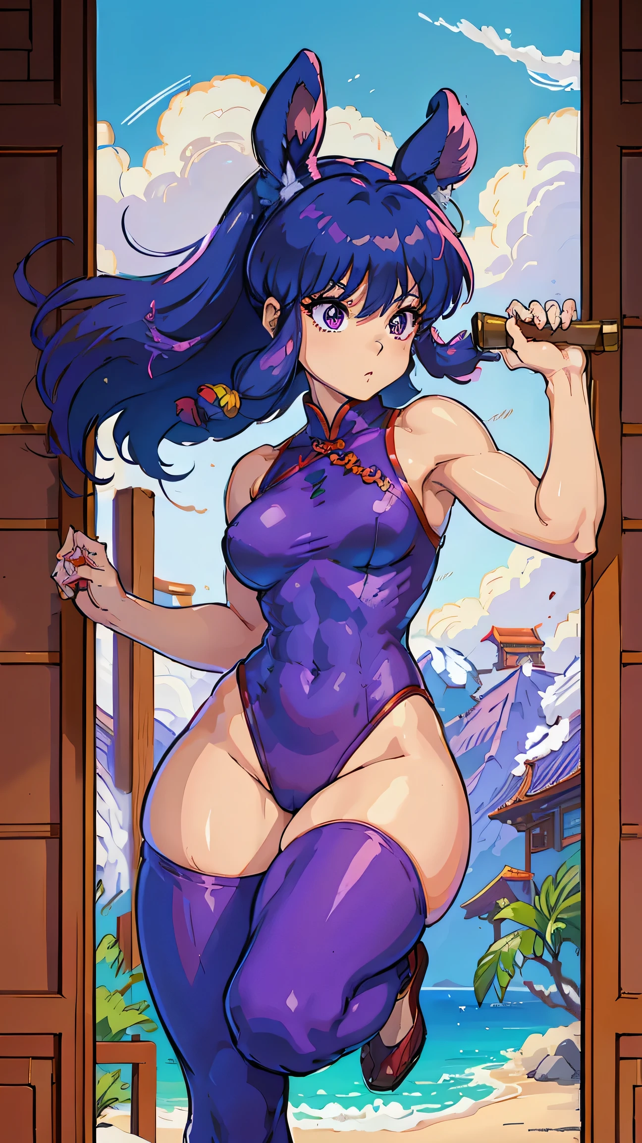 shampoo ranma 1/2, sexy, fitness, muscular, thick thighs, thin waist, large hips, small breasts, purple hair, traditional chinese dress, shredded abs, thick calves, full body, bunny suit