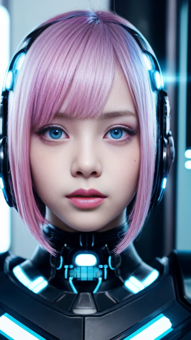 Black and light blue、銀とPink Hair、Realistic, High resolution, Heterochromia eyes, small moles under eyes、Bobcut、Blunt bangs、Lucy\(cyber punk\), one person's, Hair Scrunchie, Hime cut, Silver Hair, Color chip, full moon, grey eyes, White shirt, Black tie、Leather shorts, long sleeves, (Look at the viewers), Medium Hair, Multicolored Hair, Parting of the bangs, Lips parted, Pink Hair, Red eyeliner, Red lips, alone, White jacket, cyber punk\(series\), ネオンが輝くcyber punkシティの雨の夜,From below, yes、On all fours、connecting