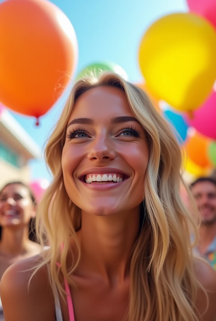 We had a fun celebration.　balloon　Blonde beauty　smile　Hurrah!
