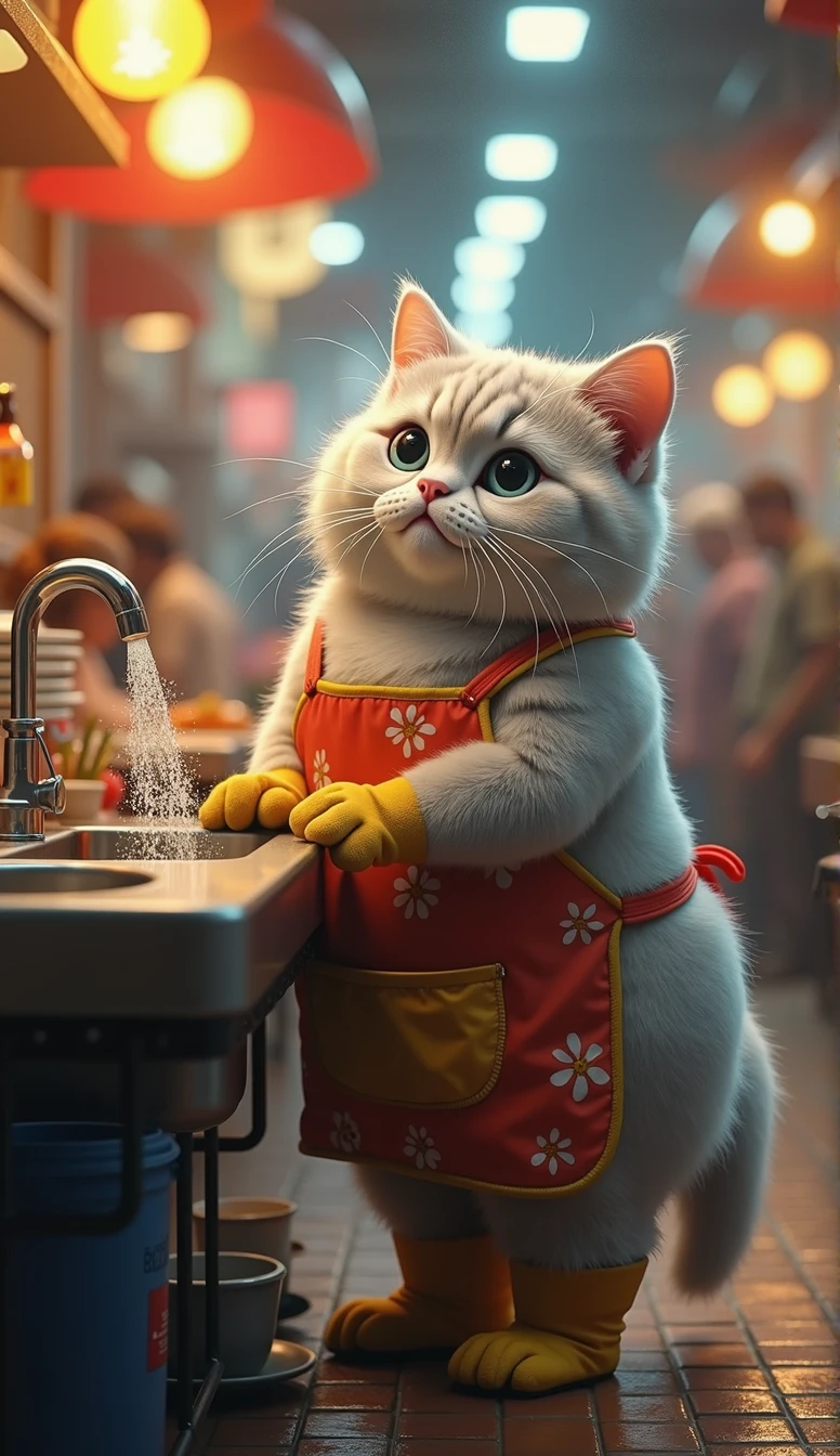 A cute light grey, chubby cat with thick, fluffy fur is washing dishes in a lively Indonesian restaurant. The cat stands in front of a sink with water flowing from the faucet, with a bucket placed underneath. The cat is dressed in rubber gloves, boots, and an apron, looking adorably determined as it goes about its task amidst the bustling, crowded atmosphere of the restaurant.