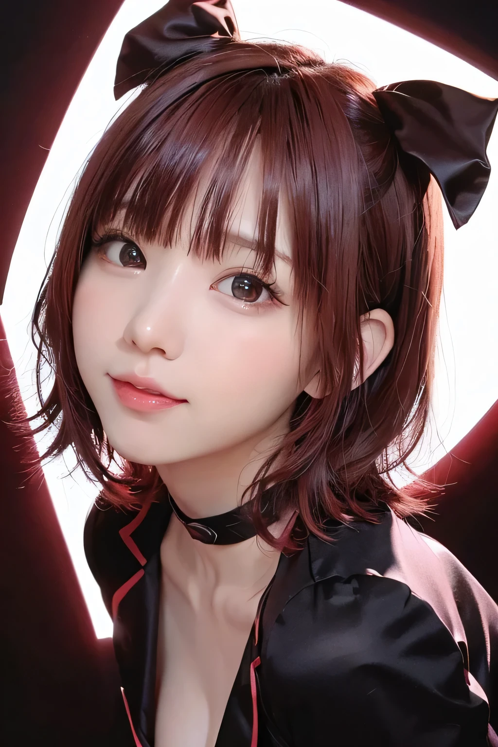 (8k、Highest quality、masterpiece、 Ultra-high resolution)、(Headshot closeup:1.33)、female、solo、cute、Idol face、、(slim、Flat Body:1.34)、, Unbelievably absurd, リアルな顔で美しくてcute、 Ahoge、Pixie Cut、 Smiling and expressing embarrassment、Lips shining with lip gloss、Black and wine red gradient hair、Wine red clothes、choker、Hair Ribbon、(Jet black background:1.3)、(Professional lighting and shadows:1.3)、(Chiaroscuro:1.3)