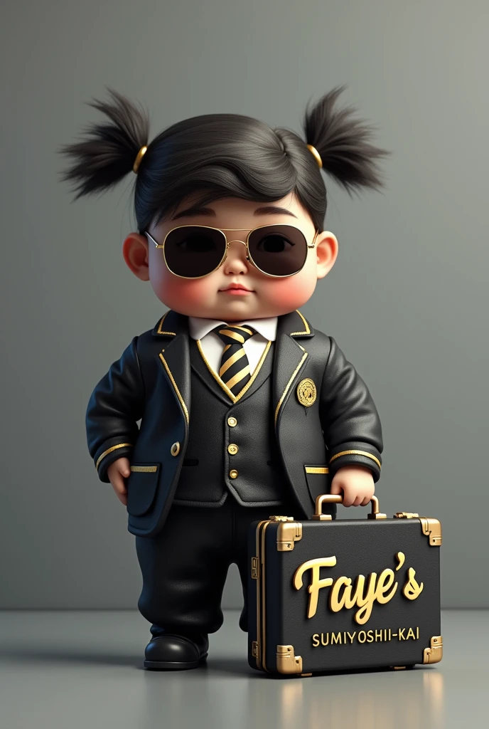 Create realistic 3rd image of 6  chubby girl wearing mafia style  and sun  glasses and wearing  mafia outfit black  and gold with little white combination on it.name in  suitcase"SUMIYOSHI-KAI"3rd letter curve style on it. be careful to the spelling of each letter on it.and the background of grey wall and red letter 3rd 
letter  style  name "Faye"  be careful to the spelling of each letter on it 