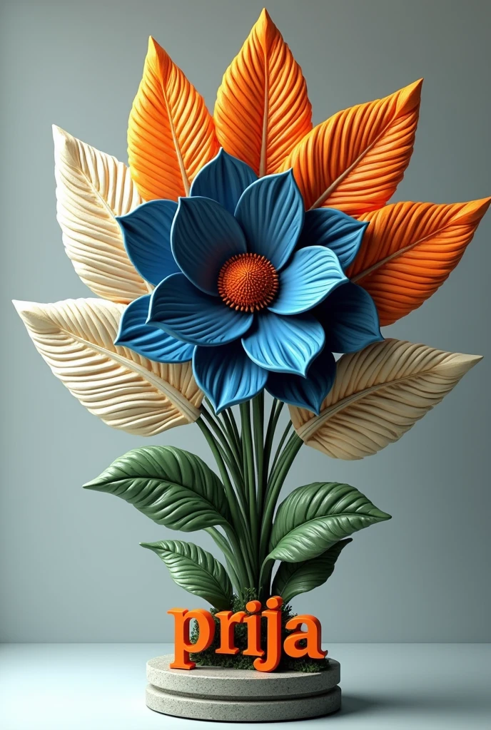 Create a 3D realistic decorative precooked sculpture that features intricate patterns of orange, white, green like the feathers of the Indian flag on one side and a central blooming small navy blue flower, while the other side has the flowers mouth, symbolizing Indianness. The word "priya " is clearly displayed in elegant orange letters on the base, with a subtle backlight illuminating the design against a soft grey background, 4 HDR quality picture.