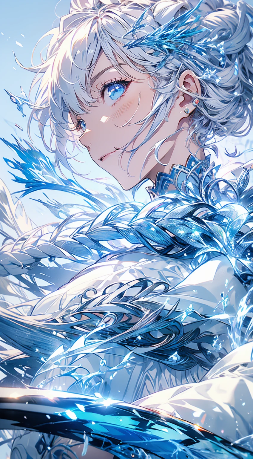 a girl with white ponytail, sky blue eyes, wearing an ice jewellery, wearing a guard blue dress