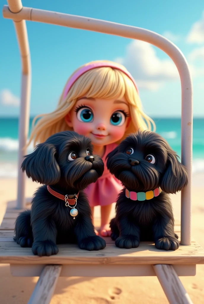 cute adorable 2 black shih tzu puppies, cute blonde girl, extremely detailed, big blue eyes, wearing colorful collar, watching in lifegaurd stand, 3D Pixar style, at beach, photorealistic, (best quality,8k,highres,masterpiece:1.2),ultra-detailed,(realistic:1.37),HDR,vivid colors,studio lighting