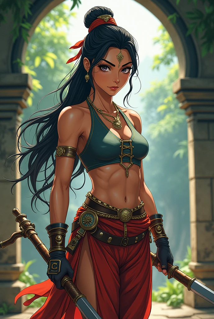Burmese female warrior, anime style, no revealing clothes