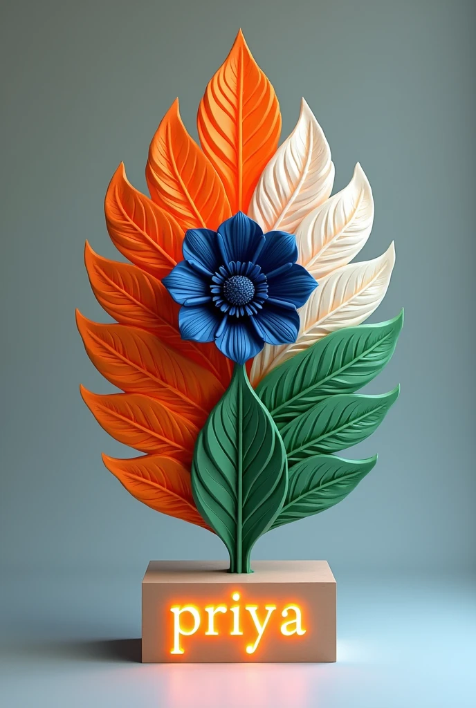Create a 3D realistic decorative precooked sculpture that features intricate patterns of orange, white, green like the feathers of the Indian flag on one side and a central blooming small navy blue flower, while the other side has the flowers mouth, symbolizing Indianness. The word "priya " is clearly displayed in elegant orange letters on the base, with a subtle backlight illuminating the design against a soft grey background, 4 HDR quality picture.