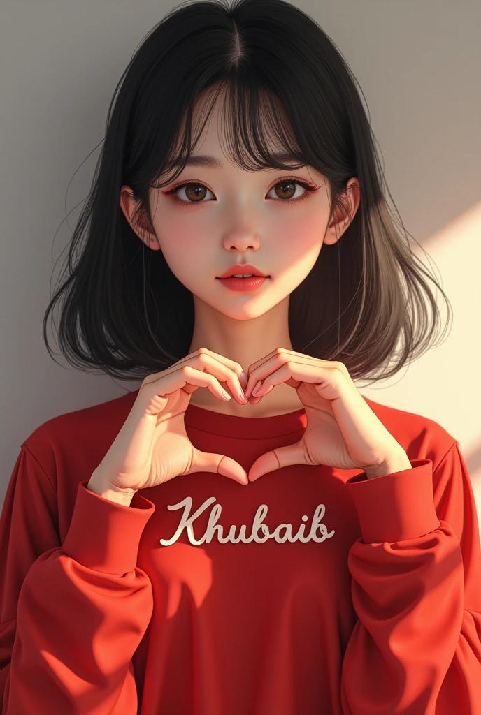 A beautiful japanese girl in a red shirt written on his shirt name "Khubaib"
having a heart sign in hand