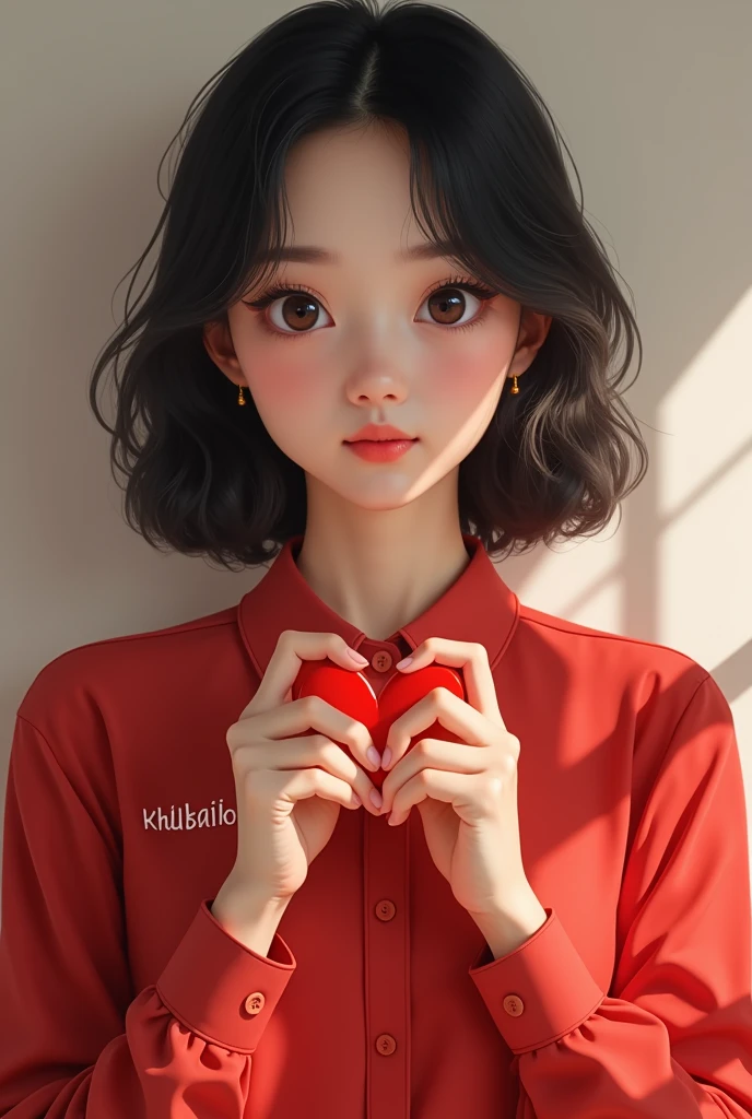 A beautiful japanese girl in a red shirt written on his shirt name "Khubaib"
having a heart sign in hand