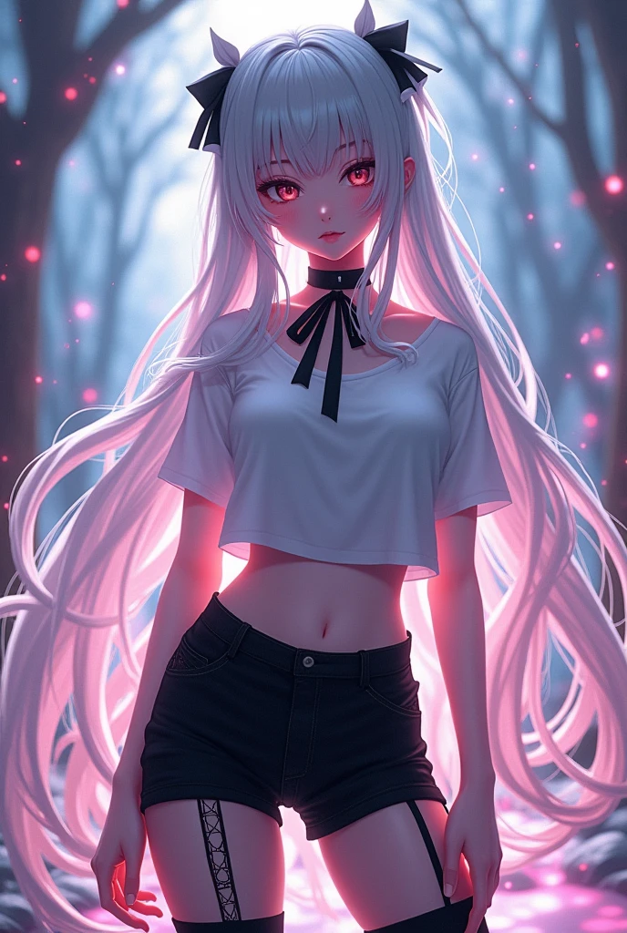 Silver Hair, Long Hair, Half Twin, White long T-shirt, Black hot pants, Black garter belt, Fishnet tights, Ribbon choker, Platform boots, anime, 8k, super detail