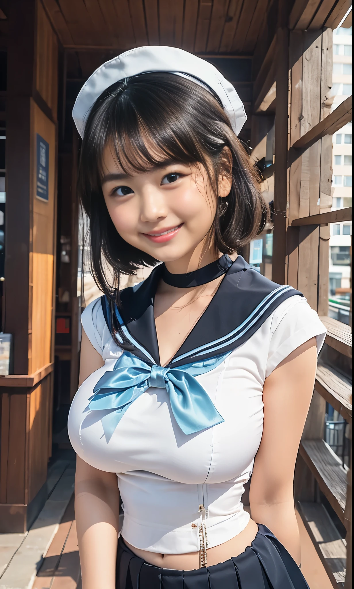 (8k、Raw photography、Highest quality、masterpiece:1.2),(Black Hair、Dark Eyes:1.9),(:1.7)、View your audience,Viewed from the front,White skin,(Sailor Moon、Sailor Moon's light blue uniform:1.4)、(Tight waist:1.6)、(Clothes that accentuate the shape of the breasts:1.4)、(Big Breasts :1.6)、Slim figure、Ultra-high resolution,beautiful,beautiful fece,(One person、No background:1.9),whole bodyボディー,Japanese women,(reality的:1.37)、Photon Mapping,reality、(-face cute: 1.4)、(Cute Smile: 1.8)、(Round face: 1.8)、Radio City、Physically Based Rendering、Depth of field rally background、photograph, (:1.8),(:1.6),whole body、Great quality