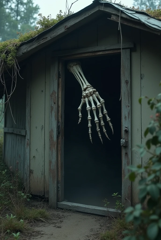 A creepy hand coming of a haunted hut’s door