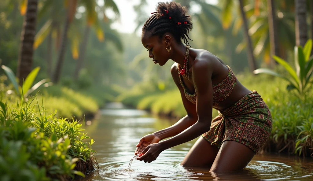 Generate a realistic and consistent image of Nma a very beautiful 28 years Nigerian princess, tieing rapper on her chest and waist decorated with beads on her hair and waist, fetching water from the village stream
