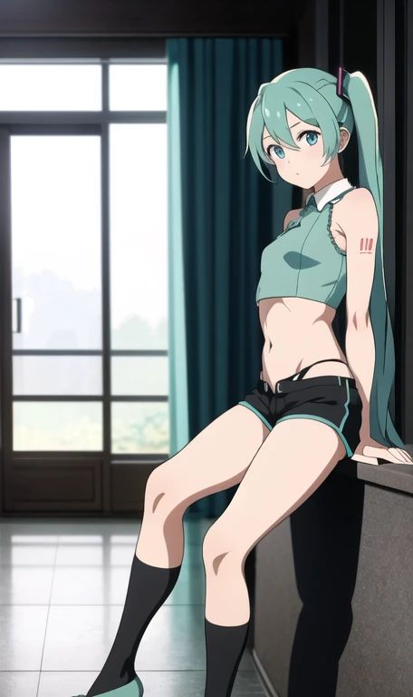 masterpiece, best quality, hatsune miku, cute, sexy, black panties, knee socks, undressing