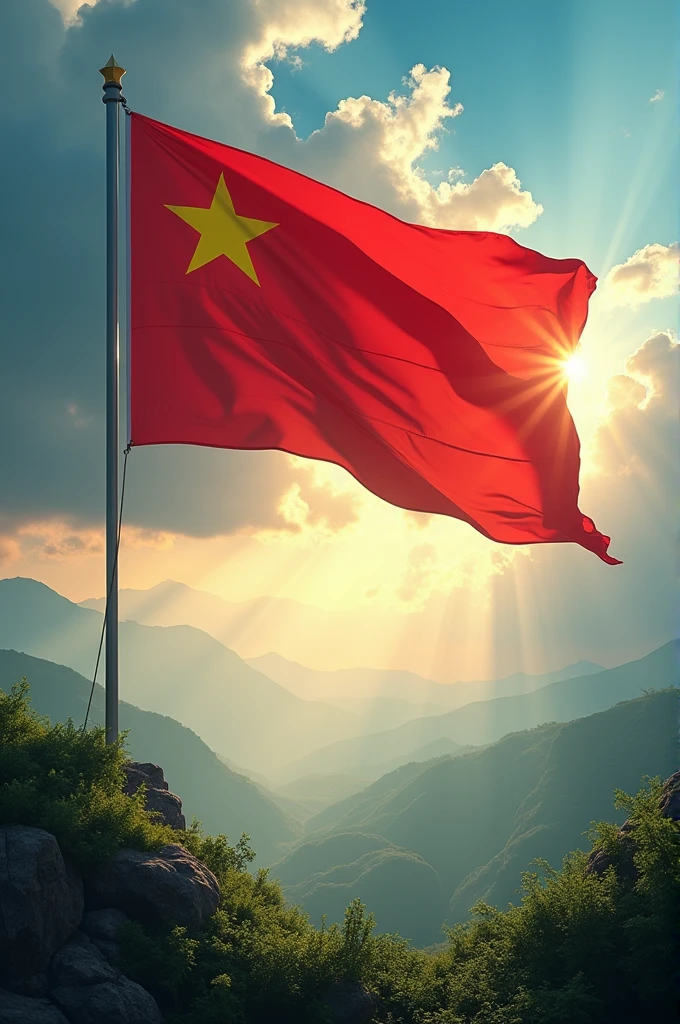 (Scene change: Image of the red flag with yellow star of Vietnam flying, with heroic background music)