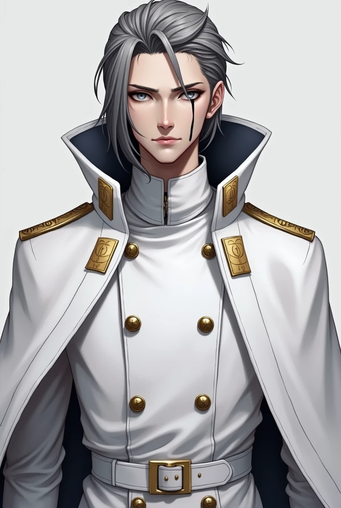 Slightly dark skinned male with shoulders length slick back dark silver hair, and grey eyes, with a neurral expression, with one singular facemark on the left side of his face which looks akin to a tear streaming down from his eye down to his chin, he wears a white, double-breasted trench coat underneath a long white cape. The coat is fastened by three buttons emblazoned with the Quincy Zeichen on either side and a white belt with a gold buckle around the waist. Its shoulders are clasped to its neck, and the inside of the collar features a rectangular sigil on either side.