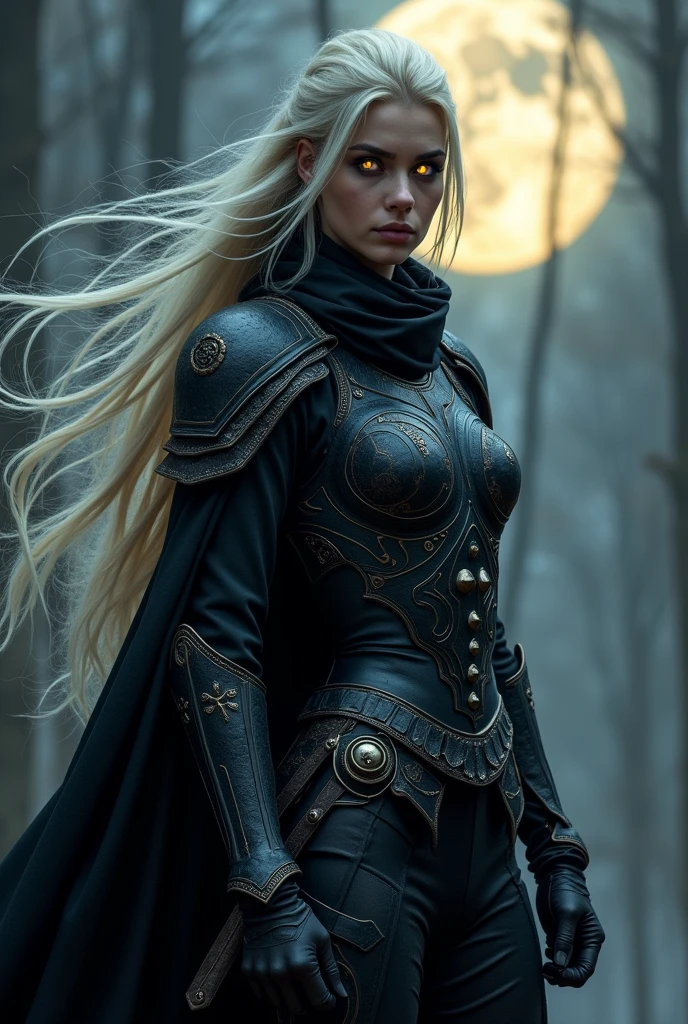 reate epic awesome aesthetic midbody Photo of female Night elf assassin Alfonso Azpiri Styles, long platinum Blonde hair flowing with the wind,((black skin)), wearing intricate legendary ornamented black Night elf assassin armor , (skull pauldron), black cape, tabard, cybernetic attachment details, glowing Golden eyes,looking to viewer, closed fists, ,bloodmoon,dark heavy fog misterius background,scifi,