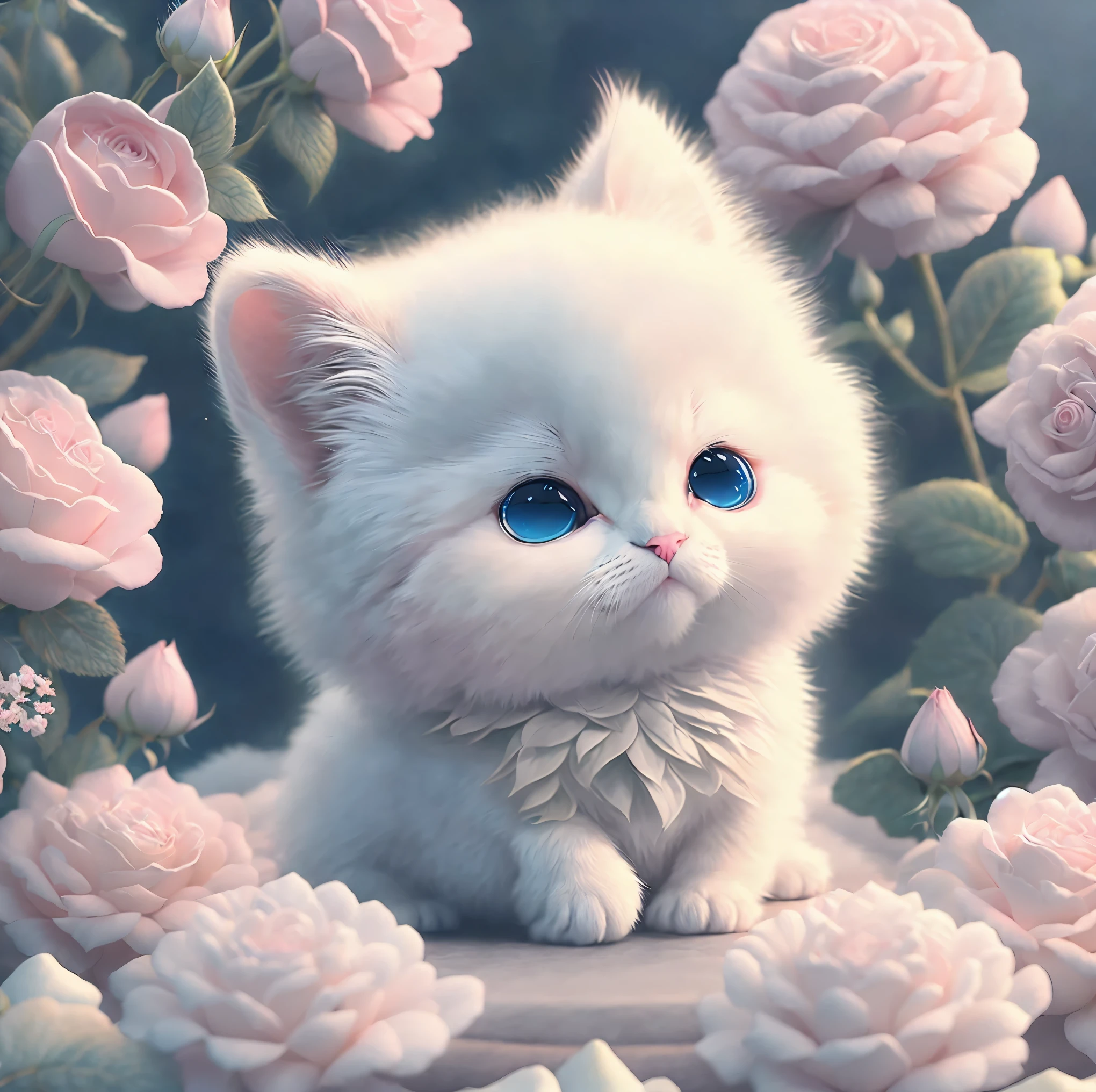 In this ultra-detailed CG art, the adorable kitten surrounded by ethereal roses, best quality, high resolution, intricate details, fantasy, cute animals