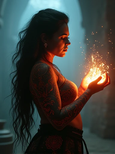 (A gorgeous 23-year-old Italian woman,cleavage,curvy body,ancient dark magic priestess,gothic,horror movie,spooky scene,hyperrealistic,photorealistic,best quality,8k,ultra-detailed,vivid colors,dramatic lighting,chiaroscuro,moody,cinematic)ethereal. ((Glowing energy in her hands))Lightning.  Power. Glowing ancien tattoos all over her dark skin.