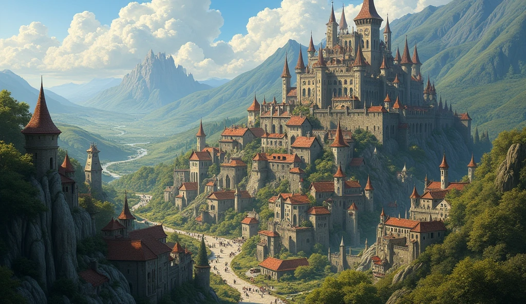 illustration of cities with castles in the background, fantasy medieval cities, fantasy scenes of cities destroyed by dragon attacks, grand fantasy of Rivendell, surreal mechanical villages, dark fantasy paintings, medieval villages, battlefield environments.