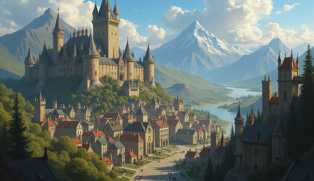 illustration of cities with castles in the background, fantasy medieval cities, fantasy scenes of cities destroyed by dragon attacks, grand fantasy of Rivendell, surreal mechanical villages, dark fantasy paintings, medieval villages, battlefield environments.