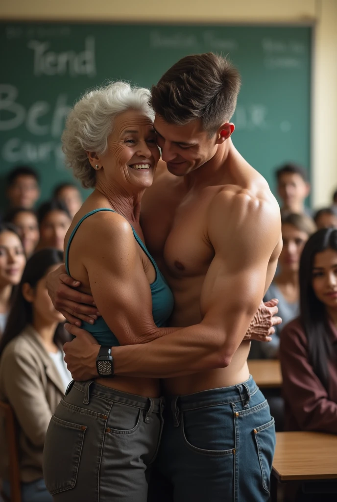 A handsome young man with a six-pack abs, naked, hugging a grandmother in the classroom, surrounded by people.