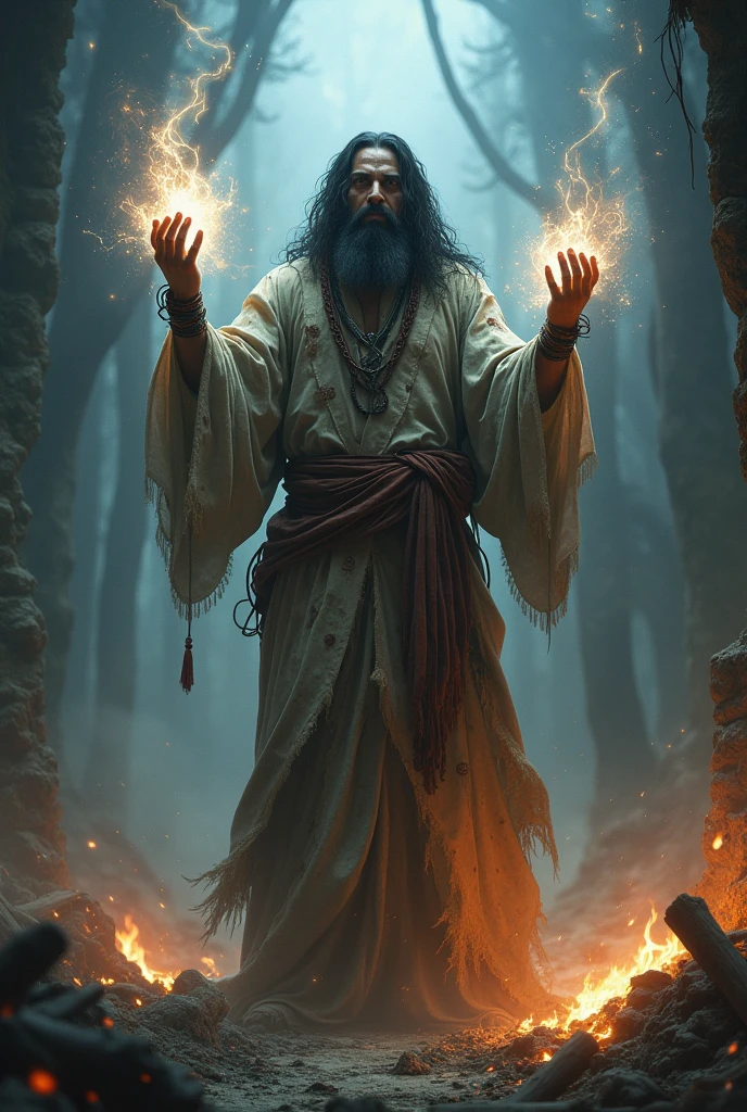 Image of an Aghori possessing supernatural powers, controlling spirits, with a backdrop of a charnel ground, and a hint of mystical super magic power around him."
