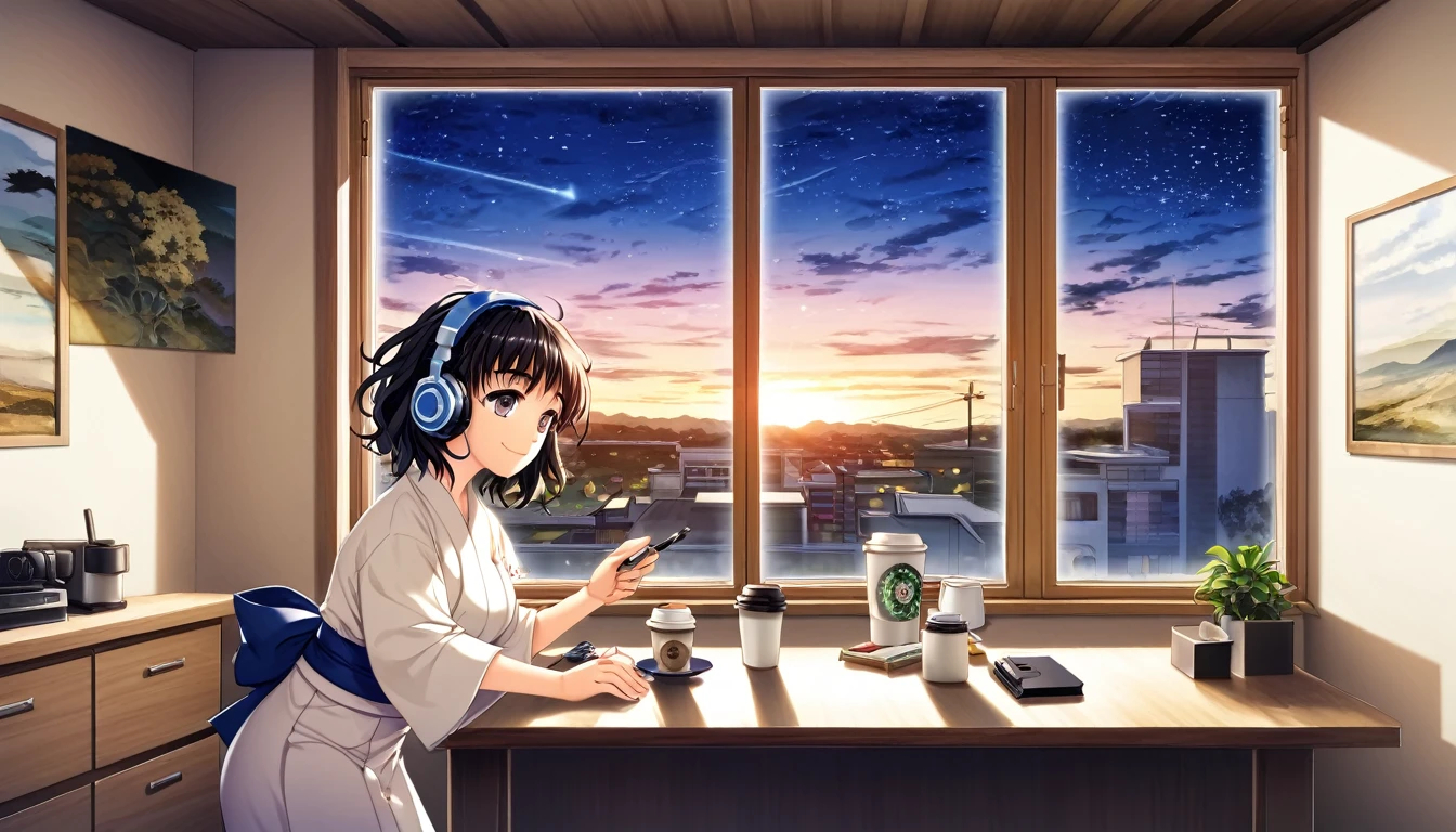 ((8k of extremely detailed CG unit, Masterpiece, high resolution, highest quality, highest quality real texture skin)), (((Cute room))), (((Japanese style headphones))), (((iced coffee))), (((Smiling and listening to music))), ((1 girl)), (Black hair, messy hair, beige skin), (Surreal, digital painting), (((Warm lighting))), (((Night sky from large windows)))