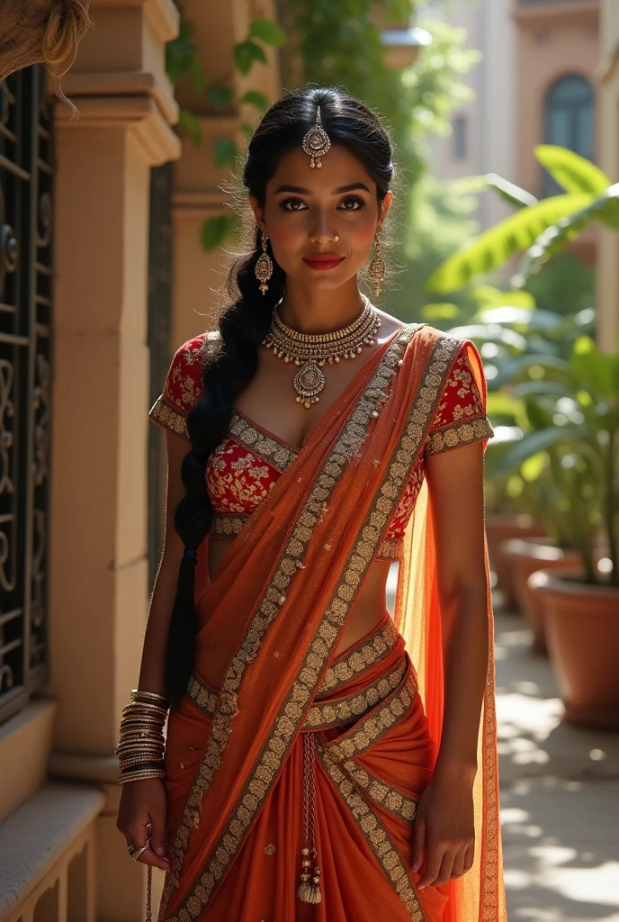 hotorealism:1.2), beautiful indian woman, wearing beautiful colourfull lehenga, golden and daimond jewellary, cows in background some temple with golden shade,flowers on ground, garland of rose flower , henna tatto on hand , tilak makeup , full image, like godess radha,