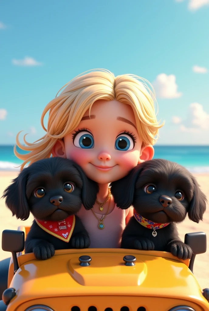 cute adorable 2 black shih tzu puppies, cute blonde girl, extremely detailed, big blue eyes, wearing colorful collar and bandana, driving beach jeep, 3D Pixar style, at beach, photorealistic, (best quality,8k,highres,masterpiece:1.2),ultra-detailed,(realistic:1.37),HDR,vivid colors,studio lighting