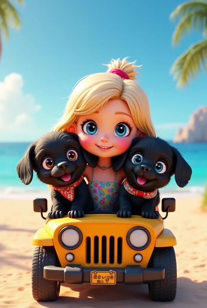 cute adorable 2 black shih tzu puppies, cute blonde girl, extremely detailed, big blue eyes, wearing colorful collar and bandana, driving beach jeep, 3D Pixar style, at beach, photorealistic, (best quality,8k,highres,masterpiece:1.2),ultra-detailed,(realistic:1.37),HDR,vivid colors,studio lighting