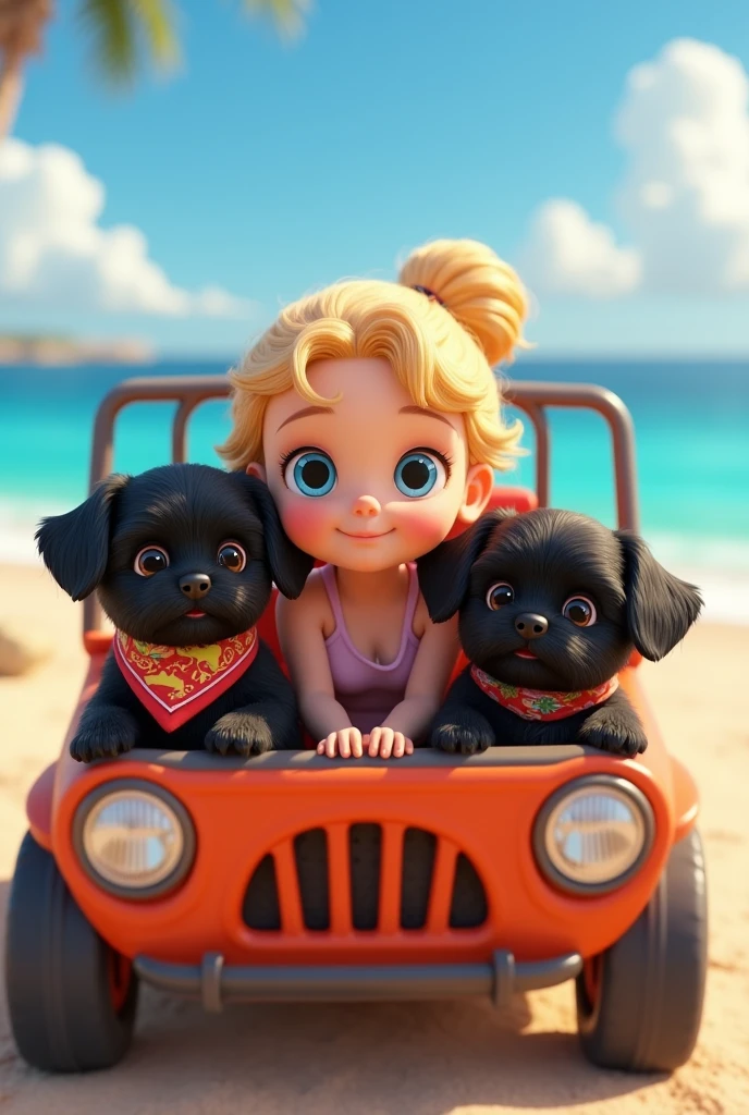 cute adorable 2 black shih tzu puppies, cute blonde girl, extremely detailed, big blue eyes, wearing colorful collar and bandana, driving beach jeep, 3D Pixar style, at beach, photorealistic, (best quality,8k,highres,masterpiece:1.2),ultra-detailed,(realistic:1.37),HDR,vivid colors,studio lighting