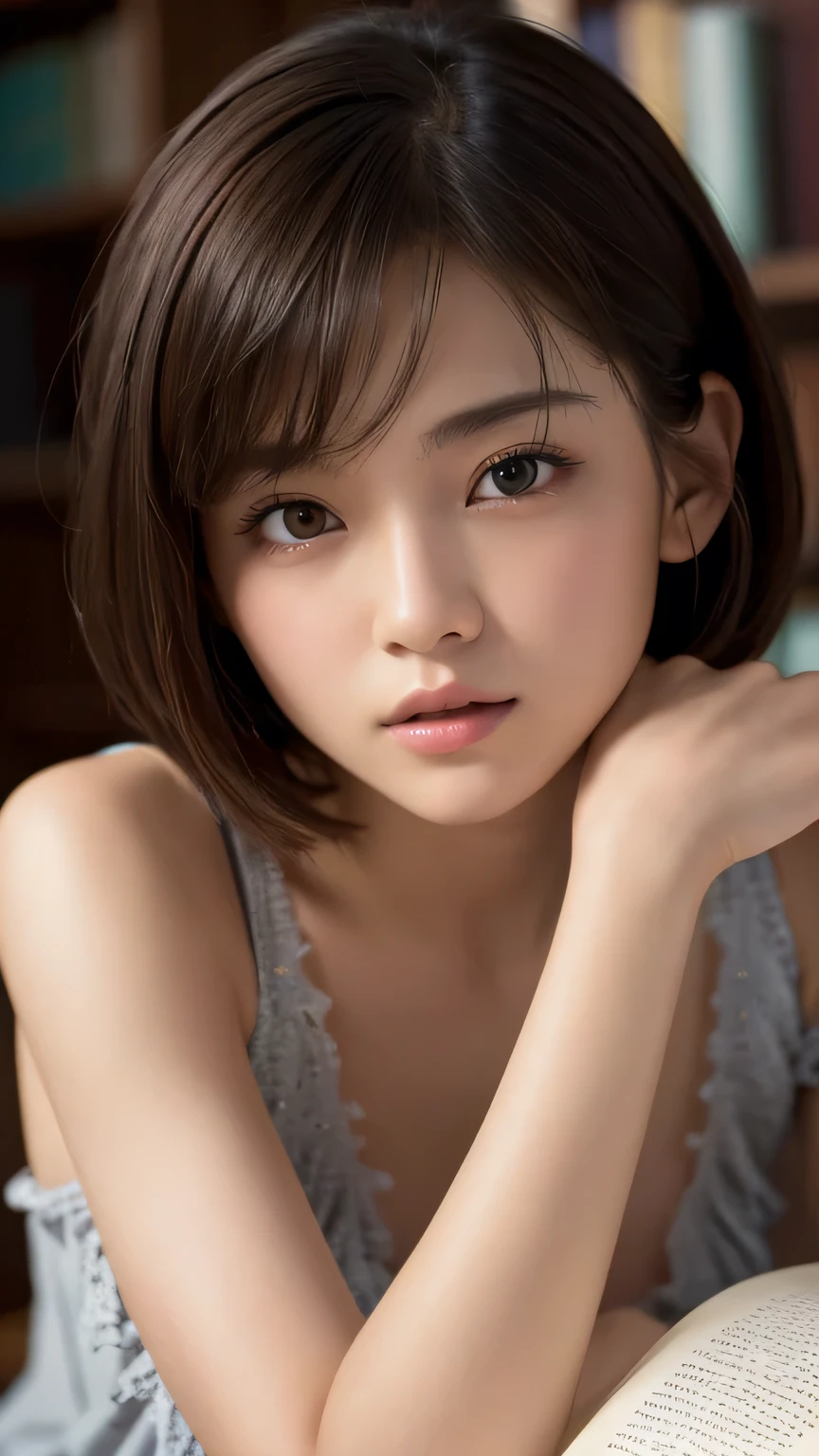 (ultra-realistic), (figure), (High resolution), (8k), (Very detailed), (Best figure), (Beautiful and detailed), (Highest quality), (Super detailed), (masterpiece), (wallpaper), (Detailed face), alone, One Girl, watching viewer, Trendy clothes，Less exposure、Fine details, Detailed face, In the Dark, Deep Shadow, modest, Pure Erotic Face Ace_v1, cool, short hair, Pointed diagonal bangs，Study at figure library、Looking at books、I&#39;m looking for a book I like、diligence、relax