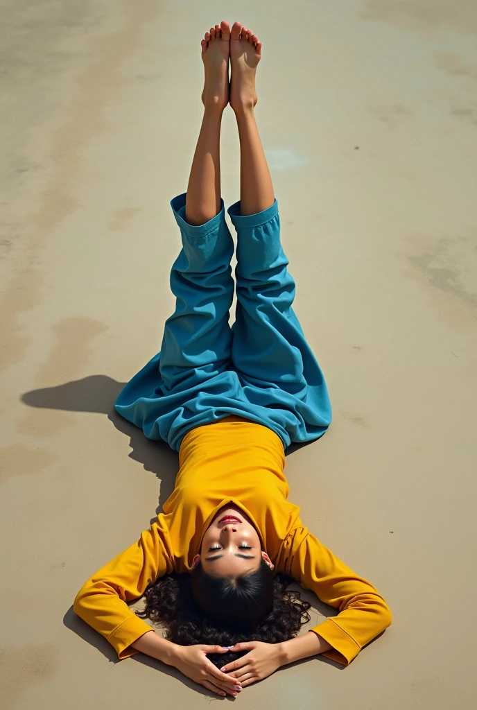 25 year muslim girl yellow shirt blue shalwar raising her legs upward while lying straight on the ground