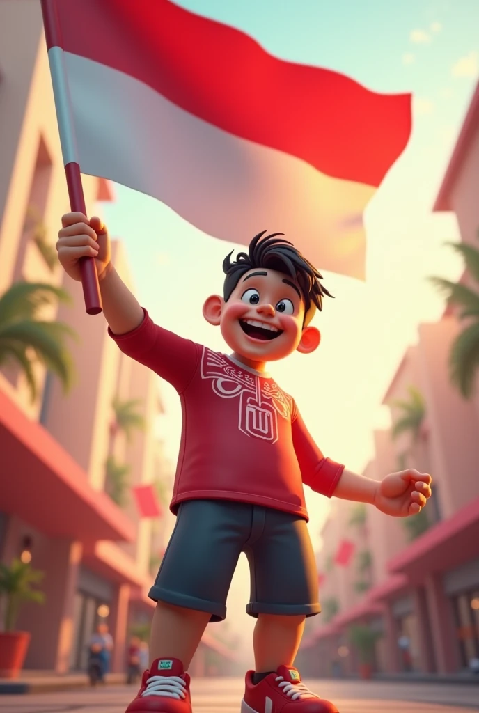 3D cartoon image , Cheerful style carrying the red and white flag of a handsome adult Indonesian man aged 30 years old, tall and fat, wearing a long-sleeved sports shirt with a red and white pattern, Happy Republic of Indonesia, casual , , high resolution 4K; realistic, original photo