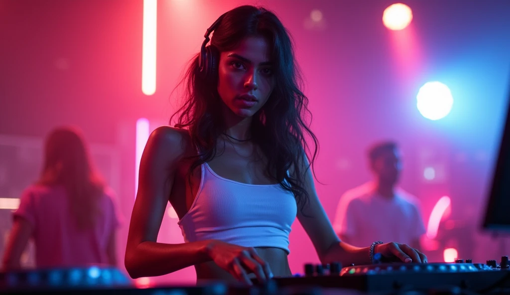 young indian female dj、white tank top、headphones、punk、neon