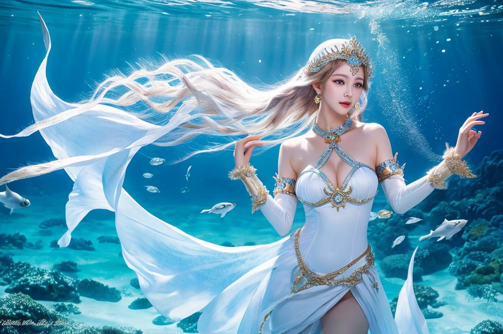 Highest quality　masterpiece　The incredibly beautiful sea goddess　White costume　Photo style　Real　Fantasy