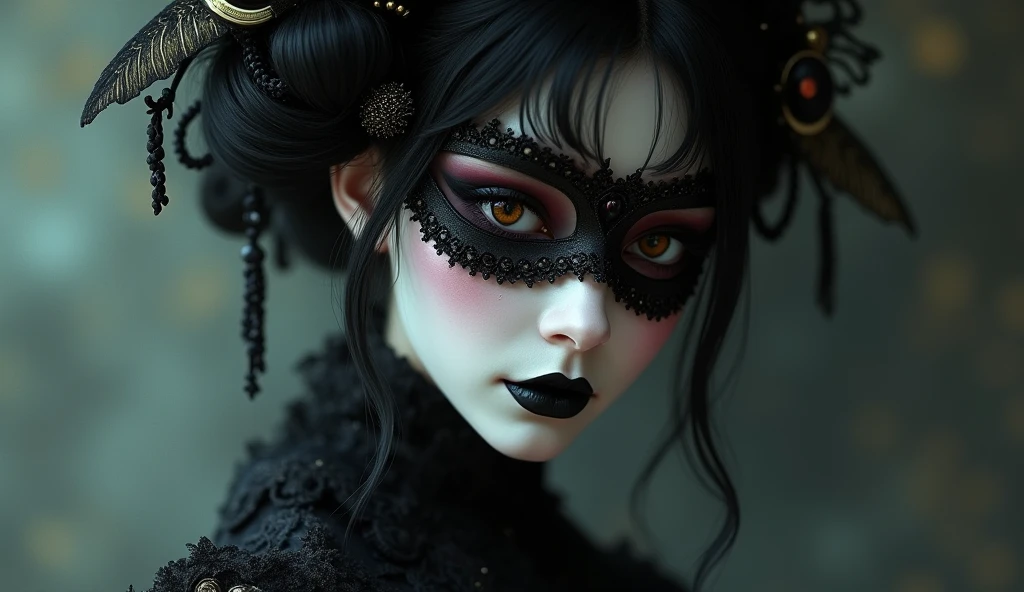 A highly detailed photorealistic image, a close up of a japanese woman wearing a mask, dreamy gothic girl, gothic make-up, she is a vampire, beautiful face, detailed face, elegant render, half body photo, mistress, photoshop render, ebony rococo, elegant girl, female spy, haunting beautiful young woman, detailed face, extravagant dress, beauty girl, very femenine, dark haze atmoosphere, ambient dust